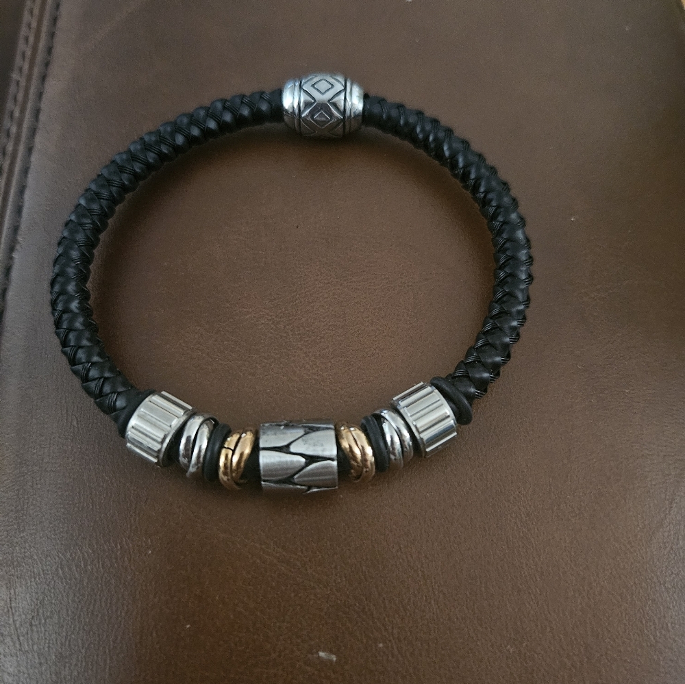 Black Braided Bracelet with Silver and Gold Accents
